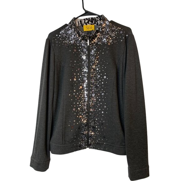 St John Spa Gray Full Zip Cardigan Sweatshirt Jacket Sequin Bling Sz M RD10166 - Picture 3 of 11